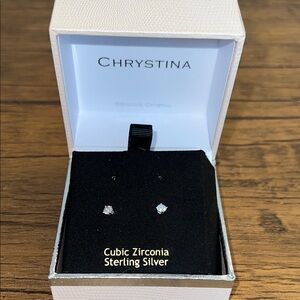 New In Box Chrystina Sterling Silver Cubic‎ Zirconia Earrings- OS